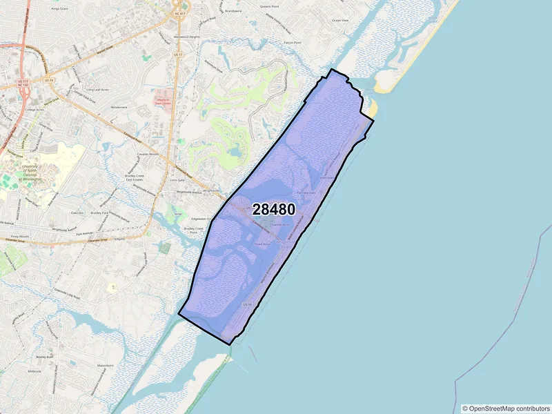 Map of ZIP Code 28480 — Wrightsville Beach, NC
