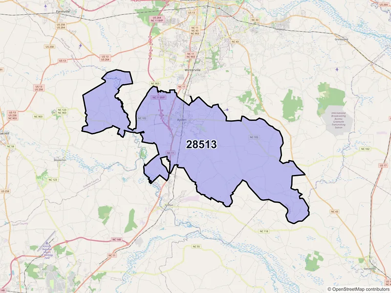 Map of ZIP Code 28513 — Ayden, NC