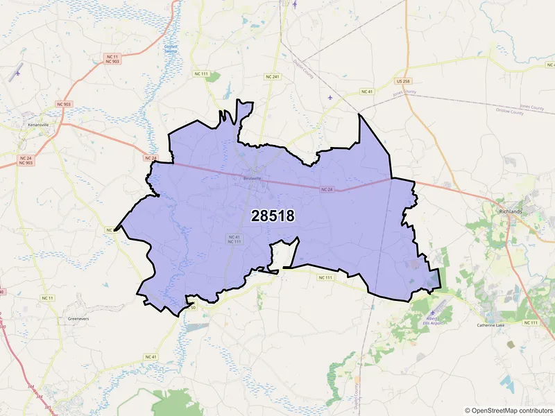 Map of ZIP Code 28518 — Beulaville, NC