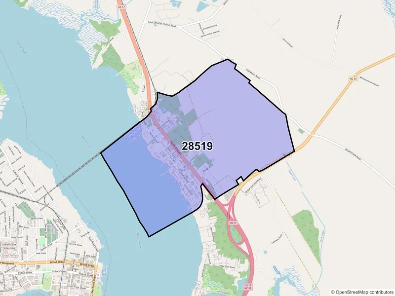 Map of Bridgeton, North Carolina and ZIP codes