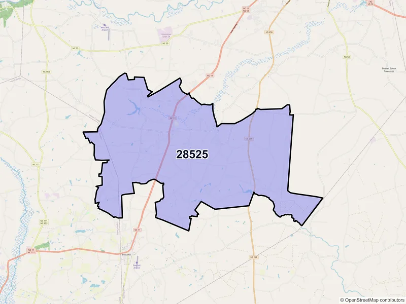 Map of ZIP Code 28525 — Deep Run, NC