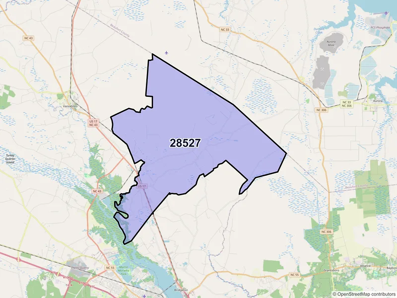 Map of ZIP Code 28527 — Ernul, NC