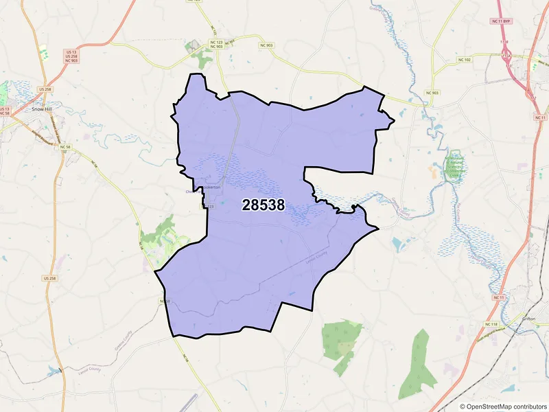 Map of ZIP Code 28538 — Hookerton, NC
