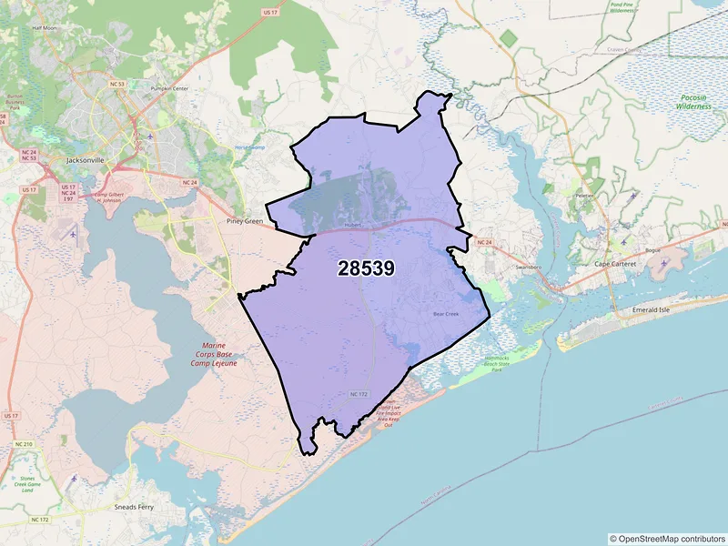 Map of ZIP Code 28539 — Hubert, NC