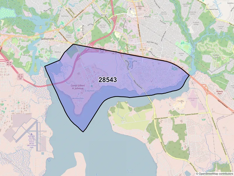 Map of ZIP Code 28543 — Tarawa Terrace, NC