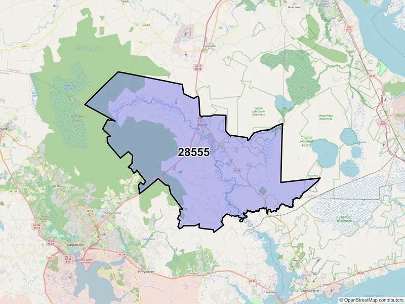 Map of Maysville, North Carolina and ZIP codes