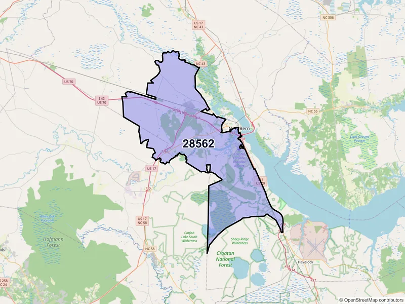 Map of ZIP Code 28562 — New Bern, NC