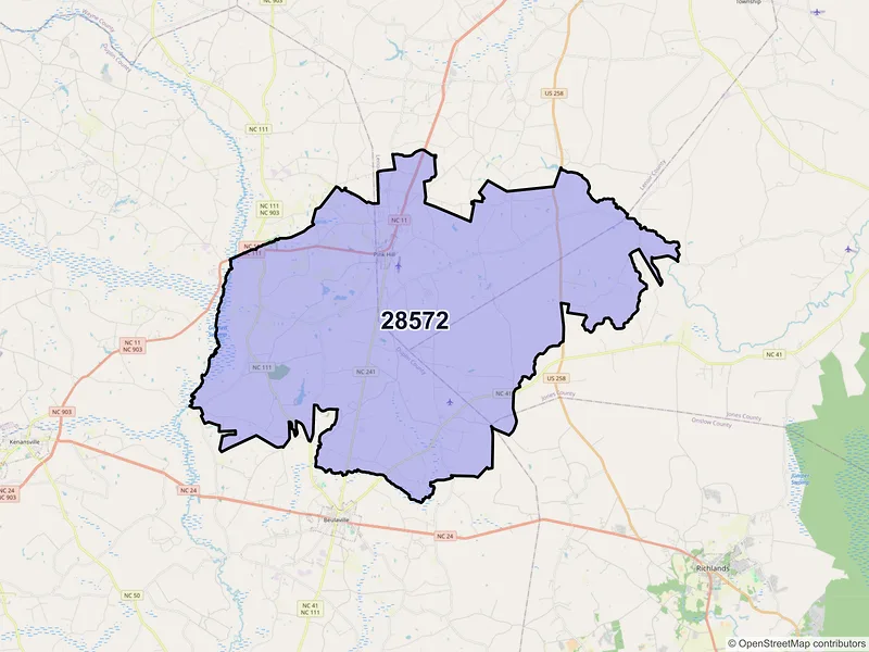 Map of ZIP Code 28572 — Pink Hill, NC