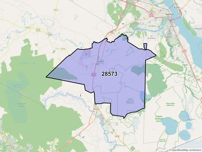 Map of ZIP Code 28573 — Pollocksville, NC