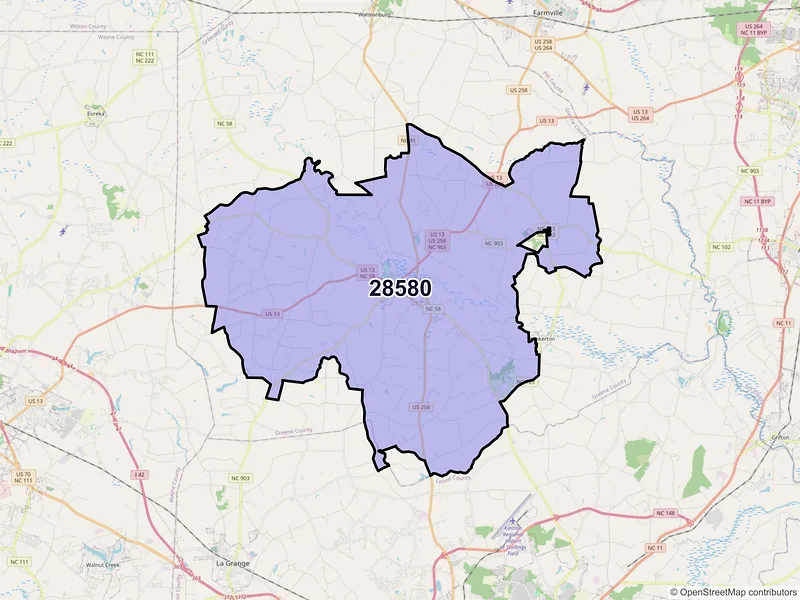 Map of ZIP Code 28580 — Snow Hill, NC