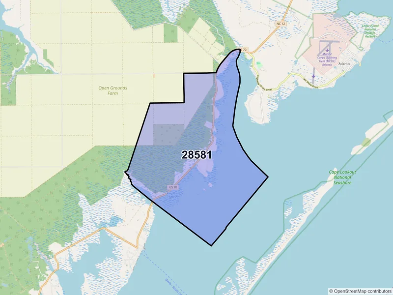 Map of ZIP Code 28581 — Stacy, NC