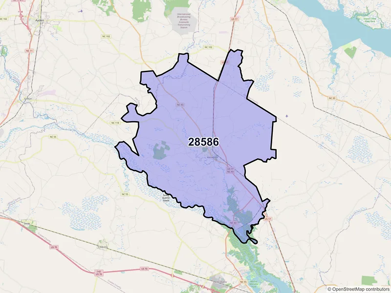 Map of ZIP Code 28586 — Vanceboro, NC
