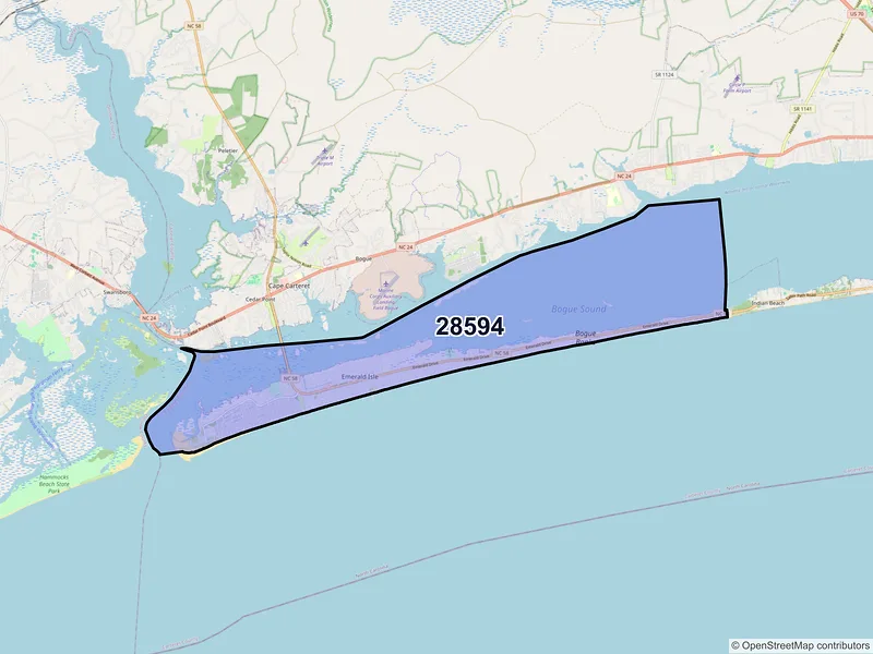 Map of Emerald Isle, North Carolina and ZIP codes