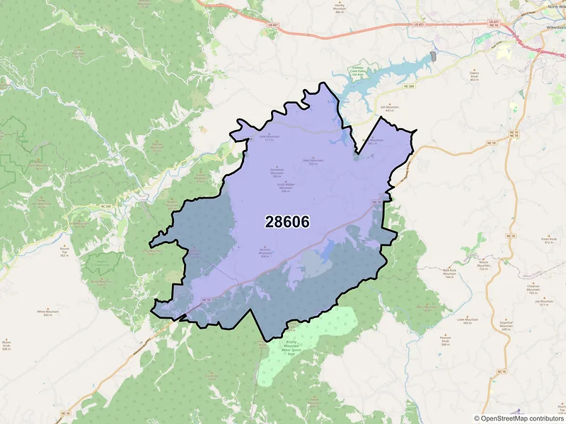 Map of ZIP Code 28606 — Boomer, NC