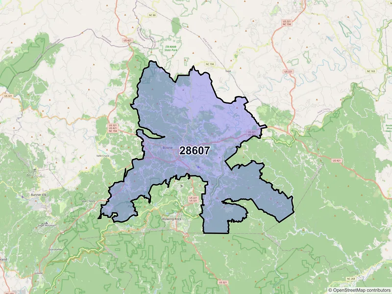 Map of ZIP Code 28607 — Boone, NC