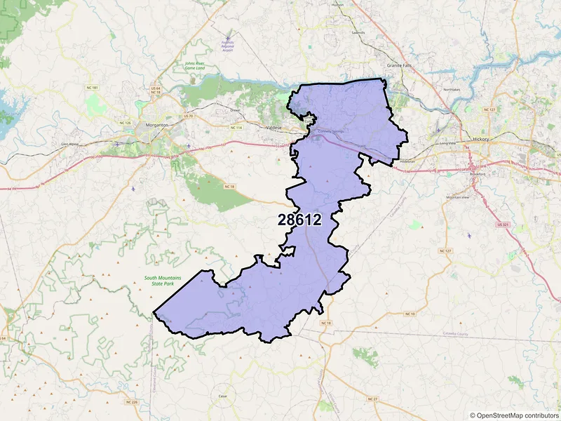 Map of Connelly Springs, North Carolina and ZIP codes