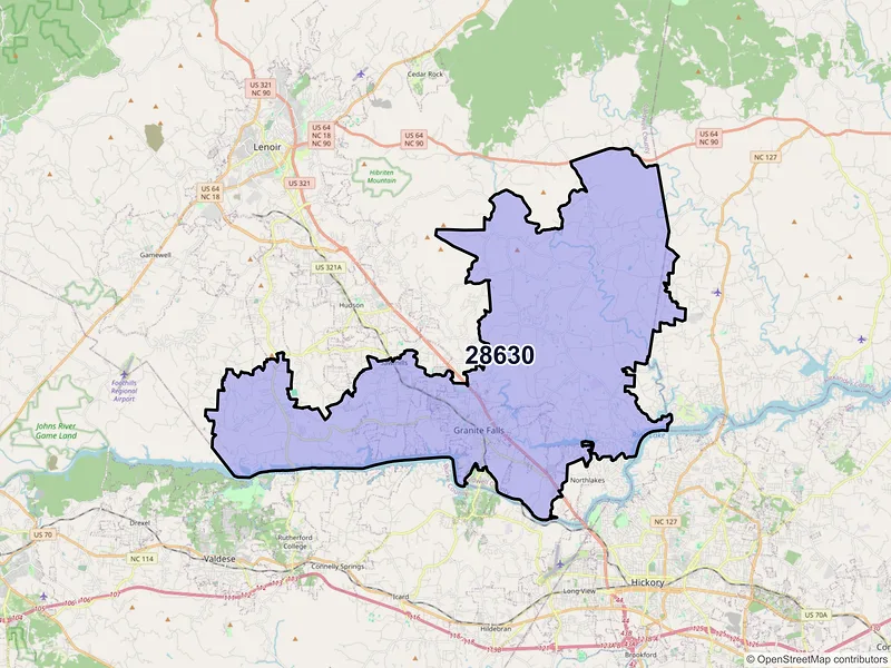 Map of ZIP Code 28630 — Granite Falls, NC