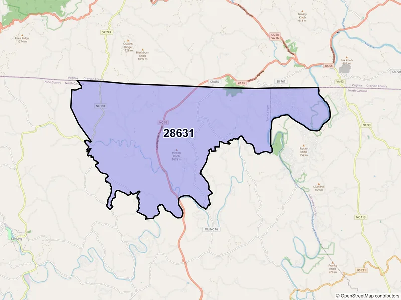 Map of ZIP Code 28631 — Grassy Creek, NC