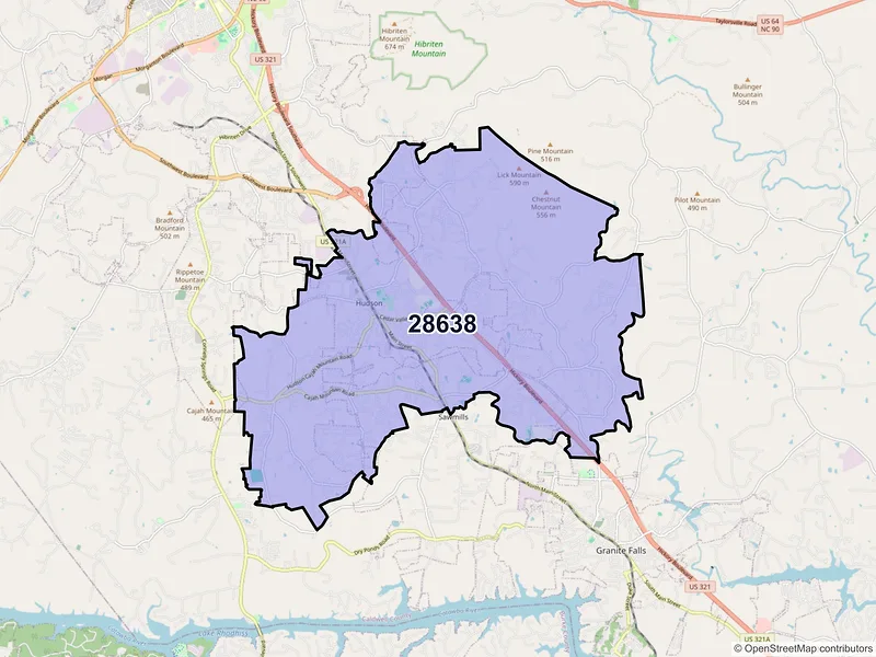 Map of Hudson, North Carolina and ZIP codes