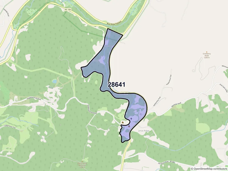 Map of Jonas Ridge, North Carolina and ZIP codes