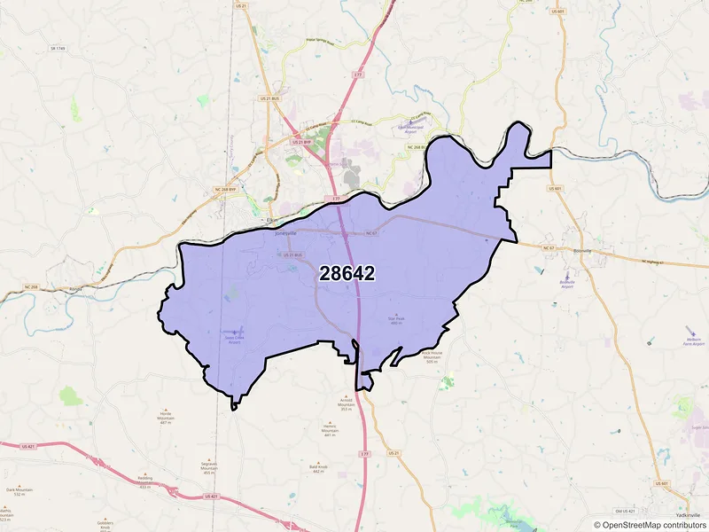 Map of ZIP Code 28642 — Jonesville, NC