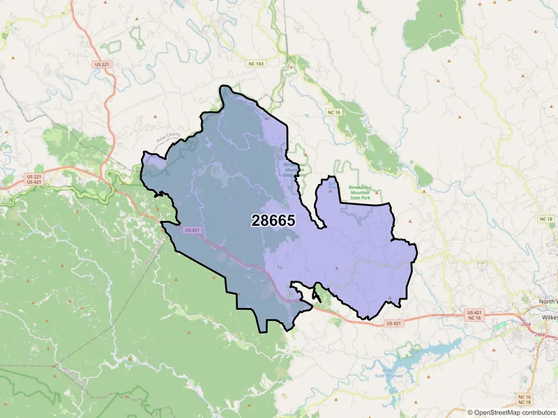 Map of ZIP Code 28665 — Purlear, NC