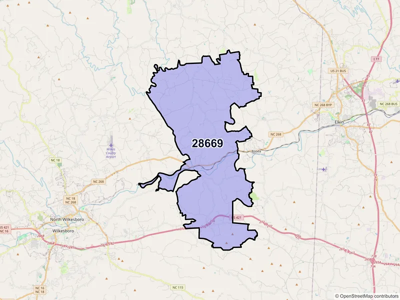 Map of ZIP Code 28669 — Roaring River, NC