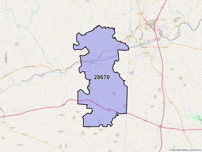 Map of Ronda, North Carolina and ZIP codes