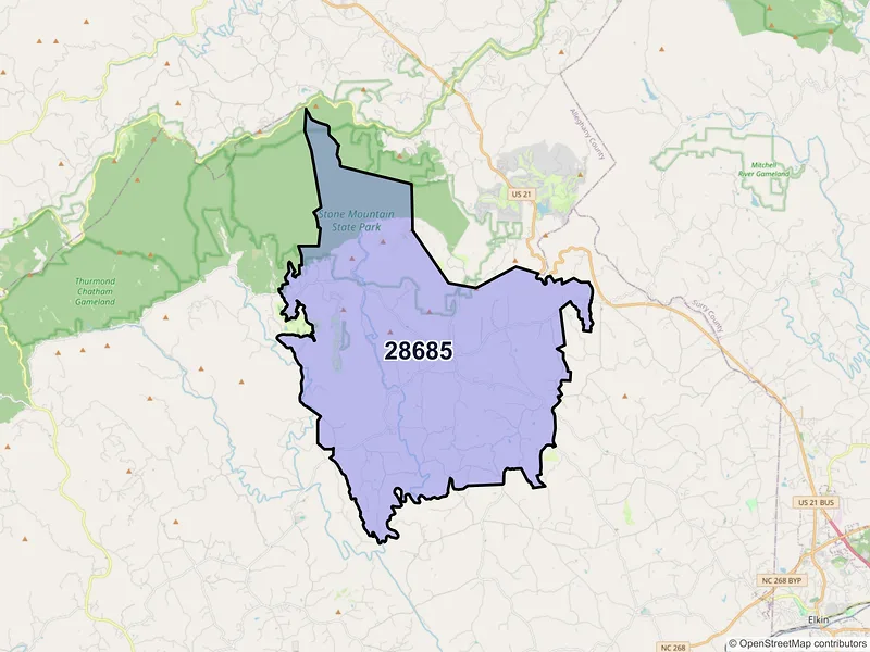 Map of ZIP Code 28685 — Traphill, NC