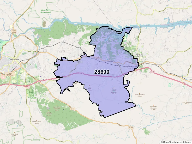 Map of ZIP Code 28690 — Valdese, NC