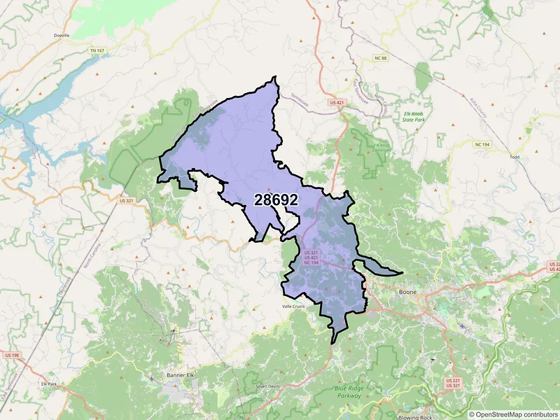 Map of ZIP Code 28692 — Vilas, NC
