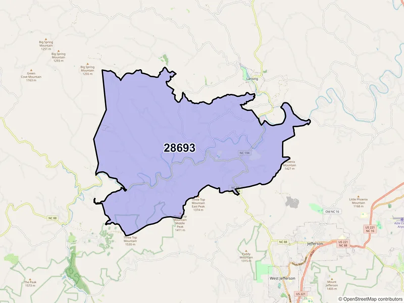 Map of ZIP Code 28693 — Warrensville, NC