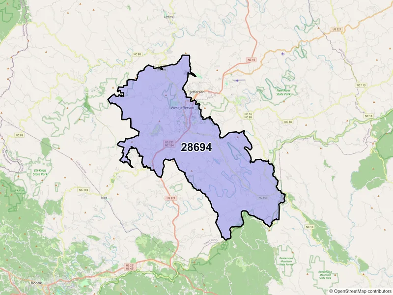 Map of West Jefferson, North Carolina and ZIP codes
