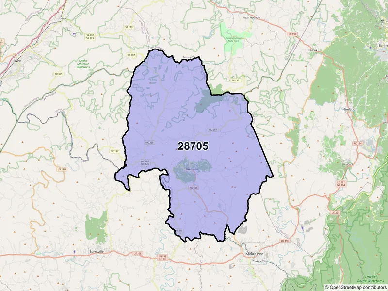 Map of Bakersville, North Carolina and ZIP codes