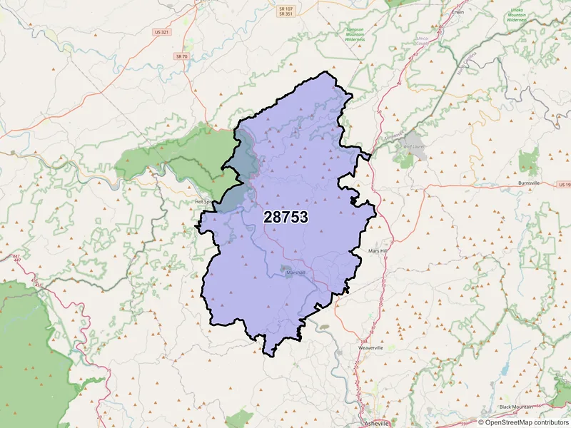 Map of ZIP Code 28753 — Marshall, NC