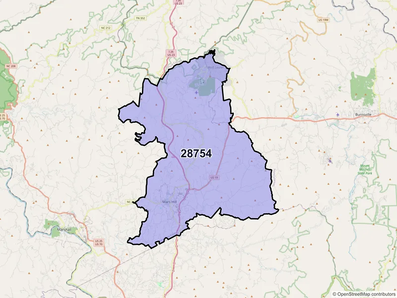 Map of ZIP Code 28754 — Mars Hill, NC