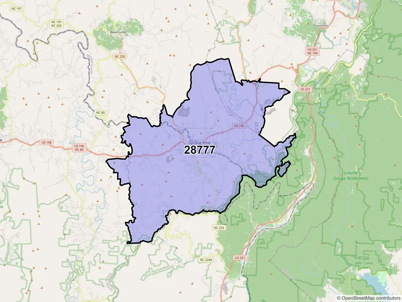 Map of Spruce Pine, North Carolina and ZIP codes