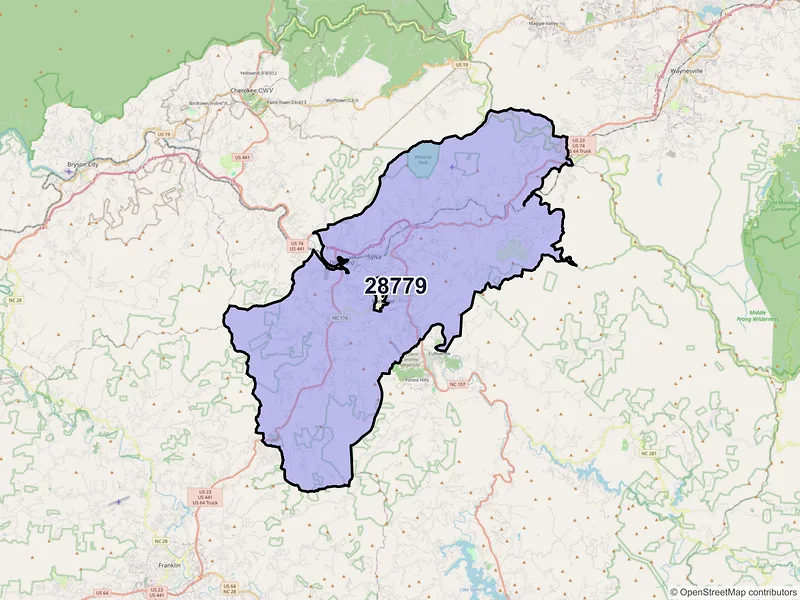 Map of Sylva, North Carolina and ZIP codes