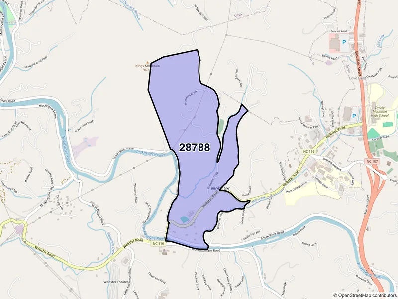 Map of Webster, North Carolina and ZIP codes