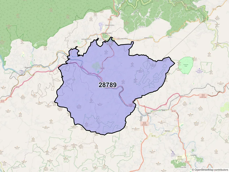 Map of ZIP Code 28789 — Whittier, NC
