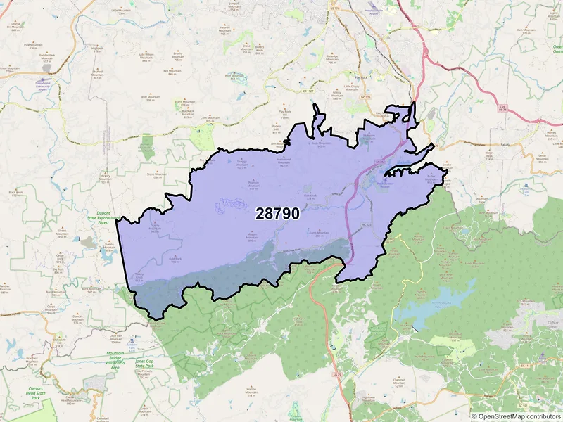 Map of Zirconia, North Carolina and ZIP codes