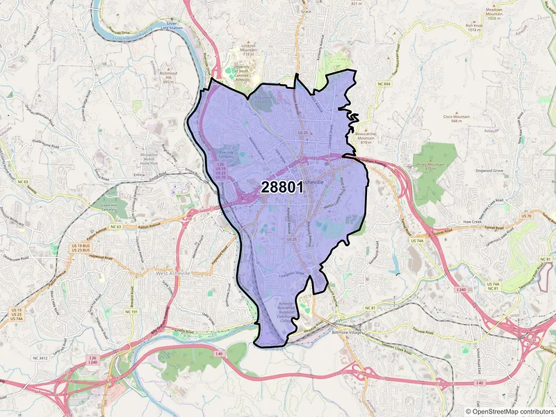 Map of ZIP Code 28801 — Asheville, NC