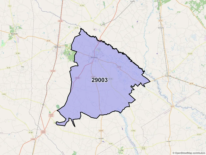 Map of Bamberg, South Carolina and ZIP codes