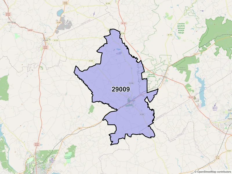 Map of ZIP Code 29009 — Bethune, SC