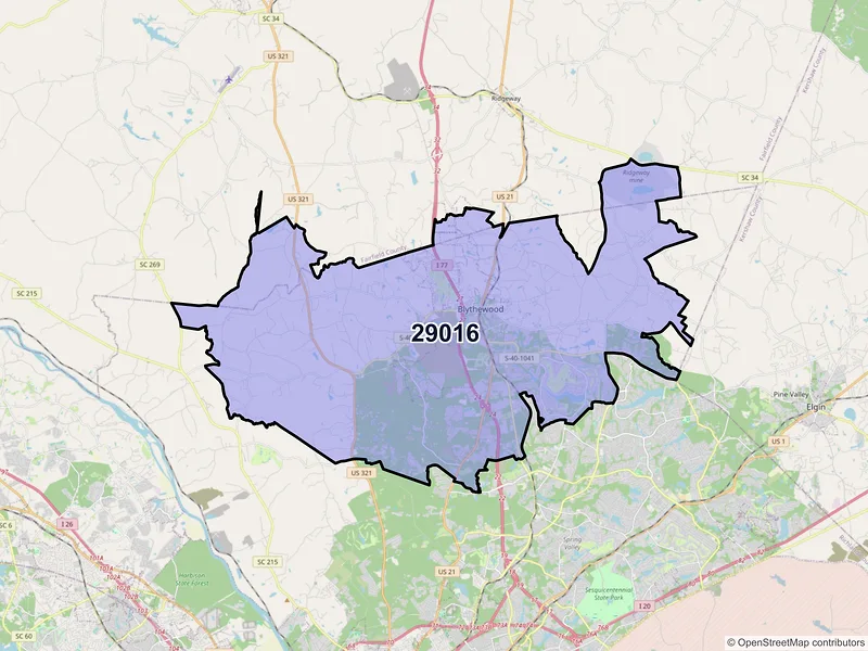 Map of ZIP Code 29016 — Blythewood, SC