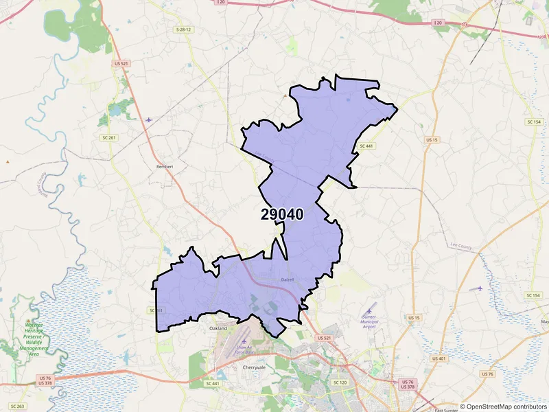 Map of ZIP Code 29040 — Dalzell, SC