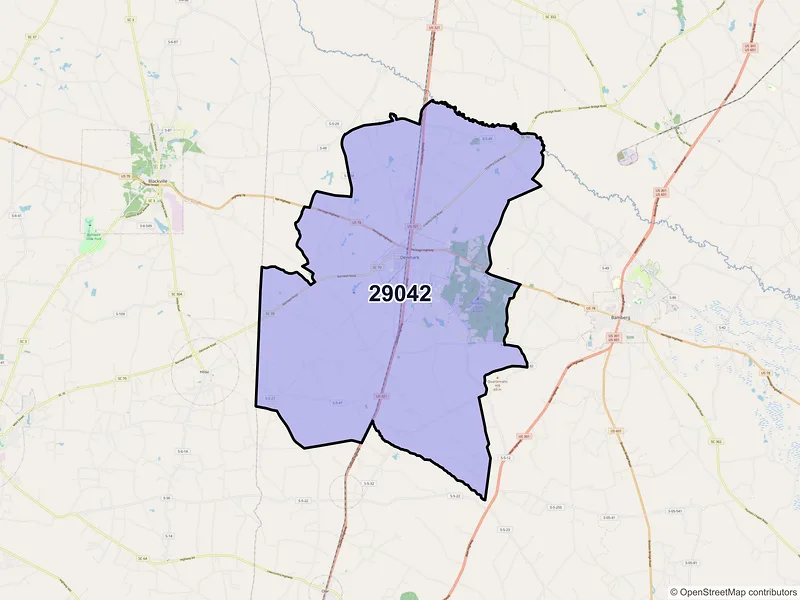 Map of Denmark, South Carolina and ZIP codes