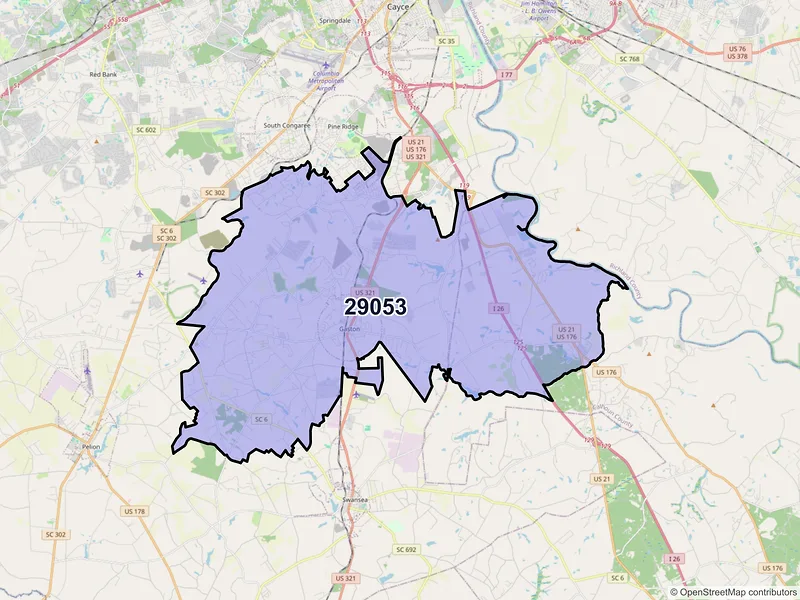 Map of Gaston, South Carolina and ZIP codes