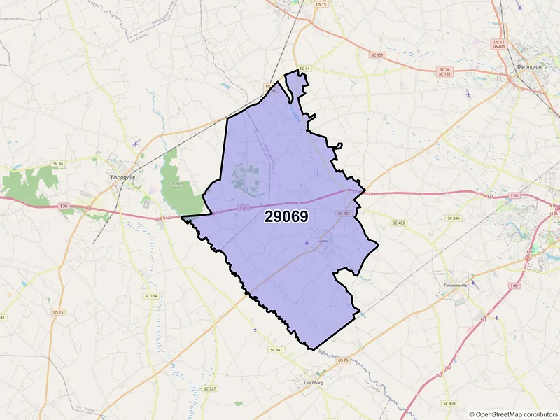Map of ZIP Code 29069 — Lamar, SC