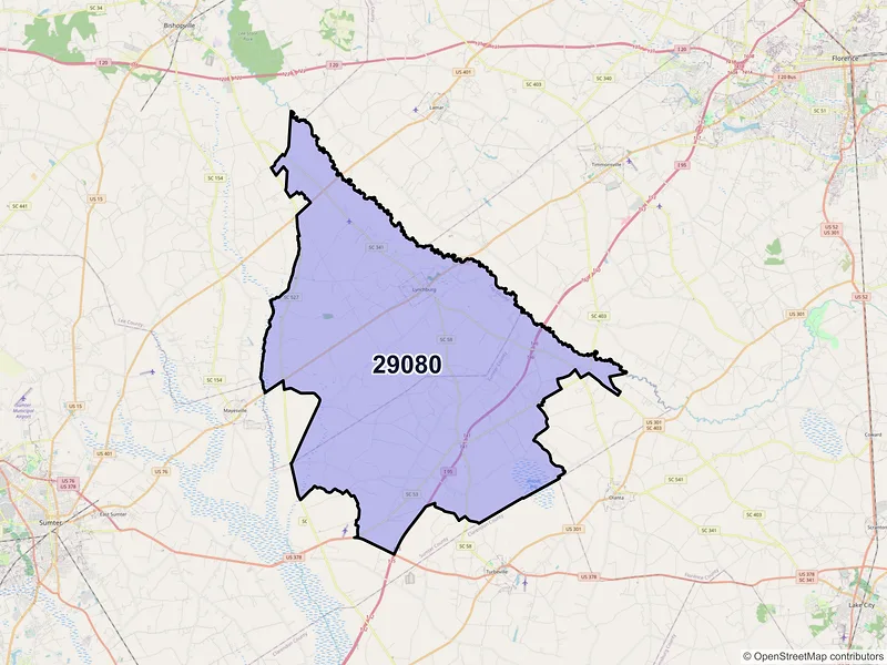 Map of ZIP Code 29080 — Lynchburg, SC